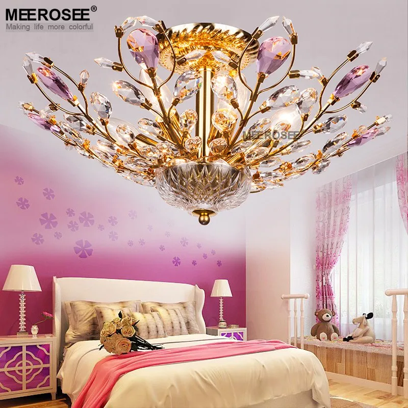 MEEROSEE Flush Mounted Golden Crystal Ceiling Light Fancy Crystal Ceiling Lighting for House Low Ceiling MD83020