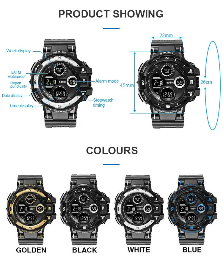 Addies 50M Waterproof LED Alarm Backlight Super Cool Watch Men Digital Sports Military Watch