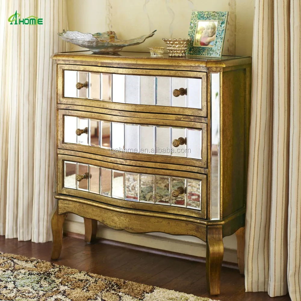 Crisanto Antique Gold Paint Mirrored Hall Way Chest With 3 Drawers
