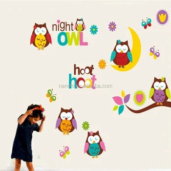 Kreatif Malam Kartun Burung Hantu Di Bulan Stiker Dinding Untuk