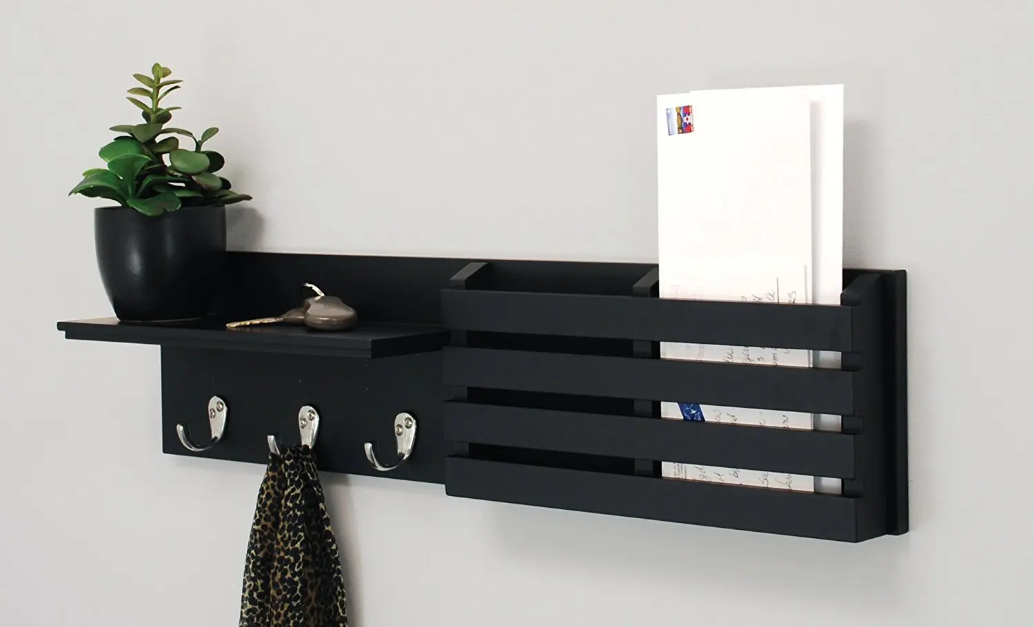 24''x6'' Wood Floating Shelves and Mail Holder W/3 Hooks Display Home Decor 