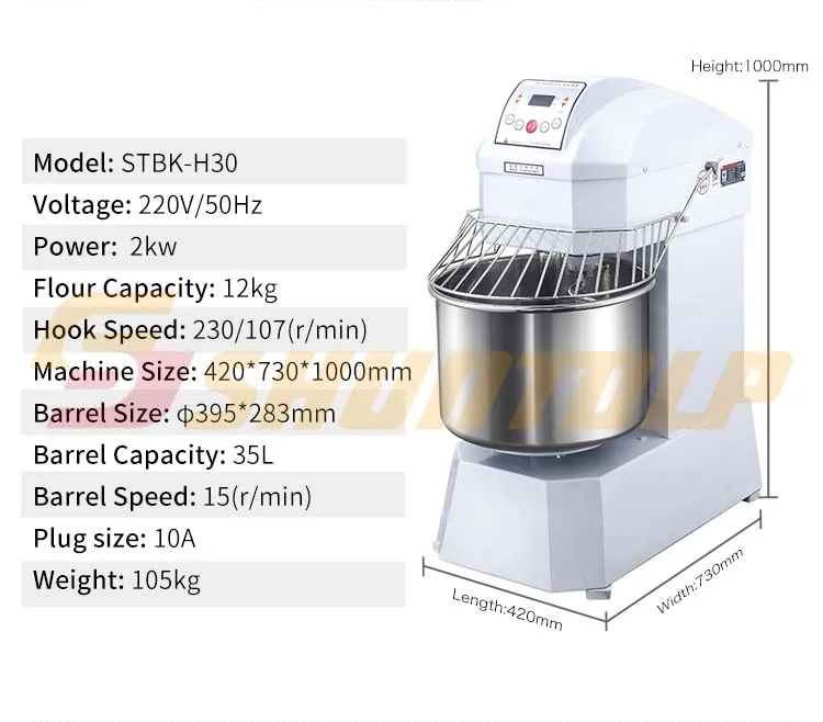 12kg 30l Electric Spiral Dough Flour Dough Kneader For