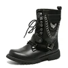 Latest Design Men Rivet Tooling Boots Black Leather Military Boots with Iron Chain