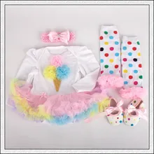 4 PCs por Set Rainbow Sorvete Sapatos Headband do Bebê Meninas Mangas Compridas Vestido Tutu Leggings para 0-12months Frete Grátis