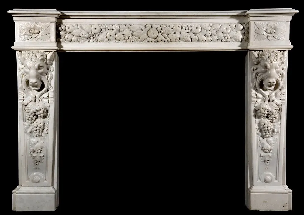 With Lion Head Relief Natural White Marble Fireplace Mantel