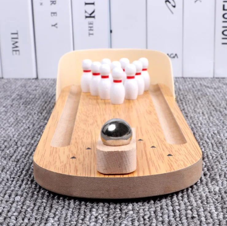 Mini Desktop Wooden Miniature Bowling Ball Set for Kids Adults Party Fun Game 