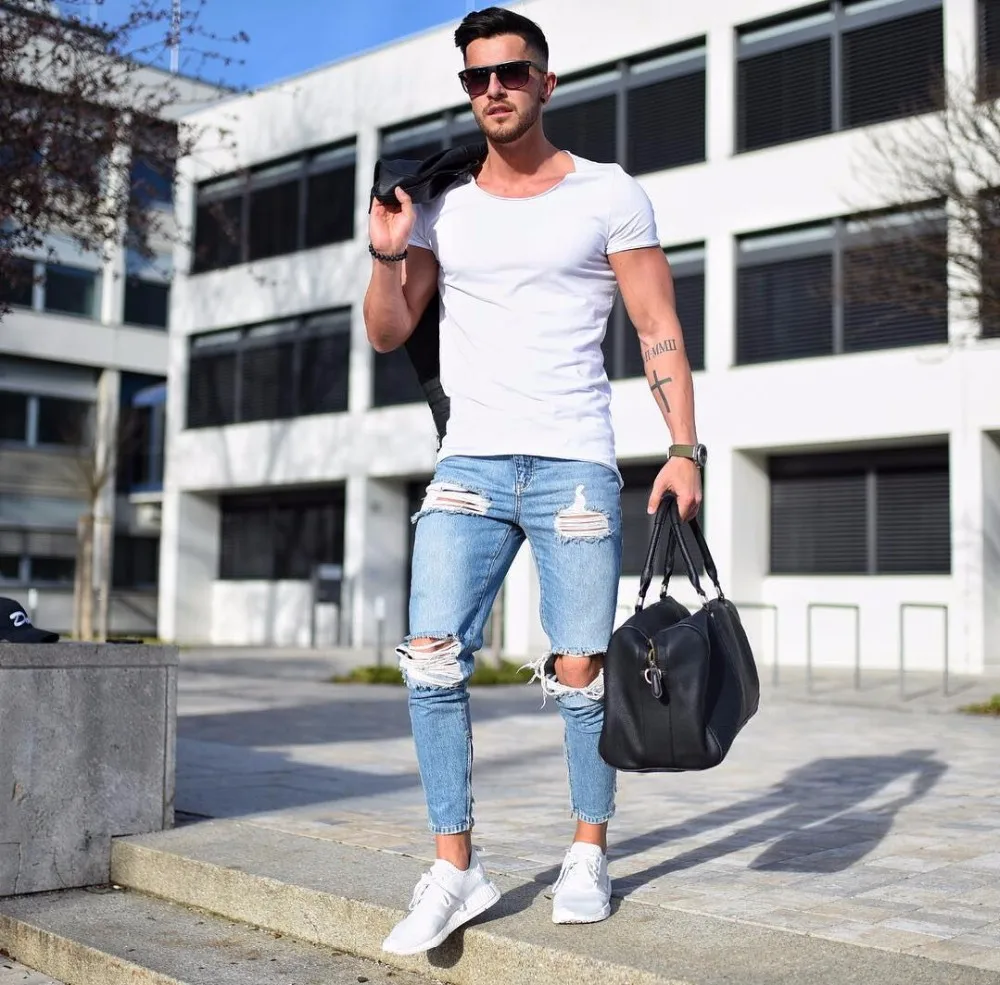 Amazon High Quality Skinny Jeans Men Light Blue Damaged Jeans Buy Damaged Jeans Skinny Jeans Men Jeans Men Product On Alibaba Com