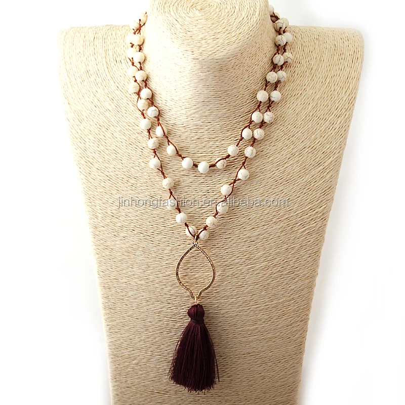Beige White Stone Necklace Bead Cord Weaving Tassel Necklace Bohemian