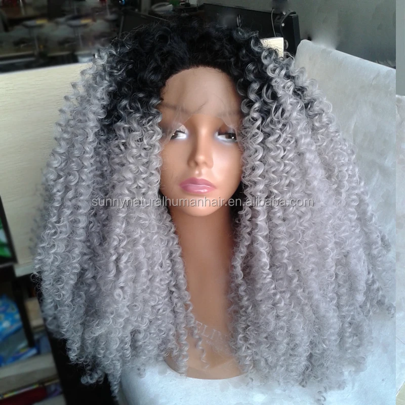 Synthetic Lace Front Wig Grey Heat Resistant Afro Kinky Curly Wig 1b