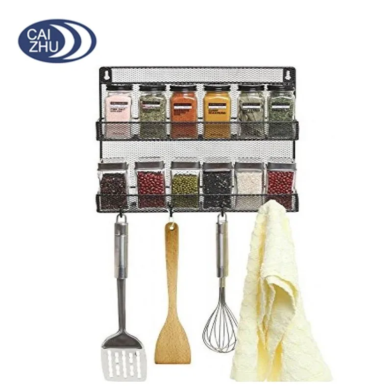 Wall Mounted Black Wire Mesh Metal 2 Shelf Multipurpose Spice Storage