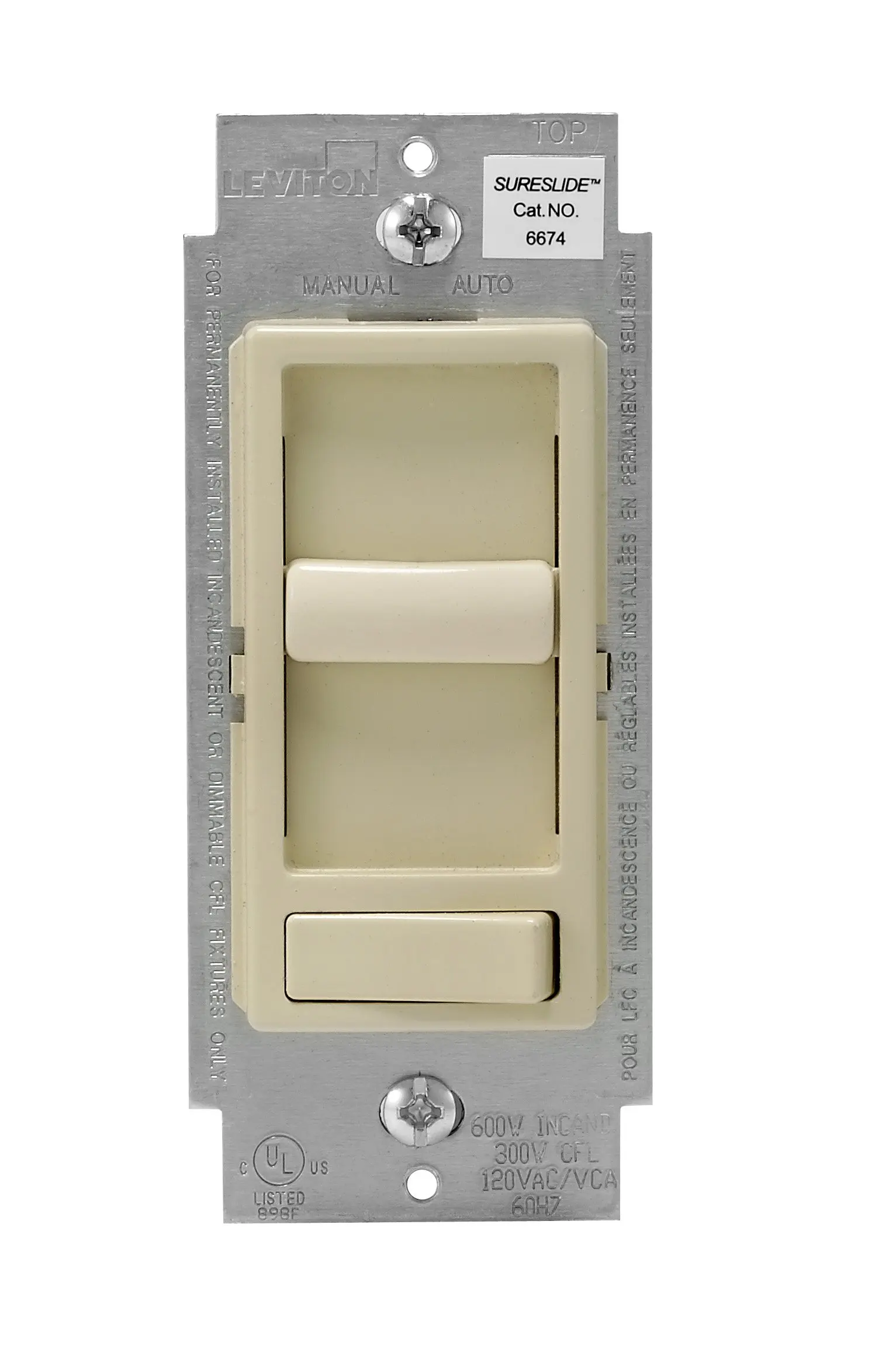 Leviton 6674-P0I SureSlide Universal 150-Watt LED and CFL/600-Watt Incandescent Dimmer, Ivory