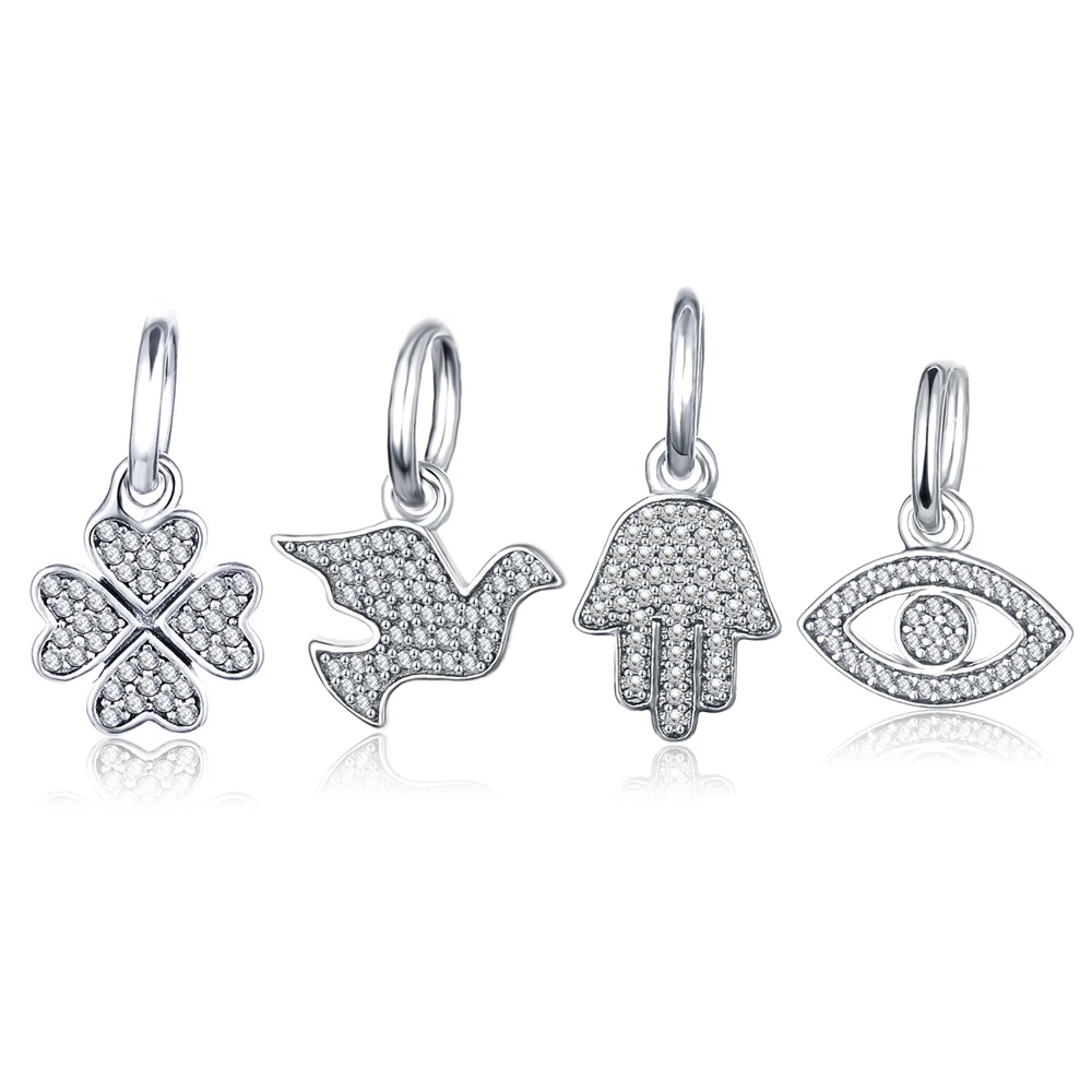 New CZ Crystal Good Luck four-leaf Clover Peace Dove Palm Hamsa Evil Eyes Charm Beads 925 Sterling Silver European DIY Jewelry