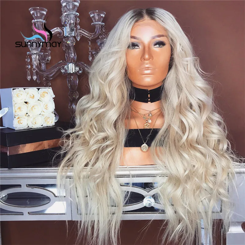 Wholesale Dark Roots Human Hair Blonde Wigs Middle Part Pre