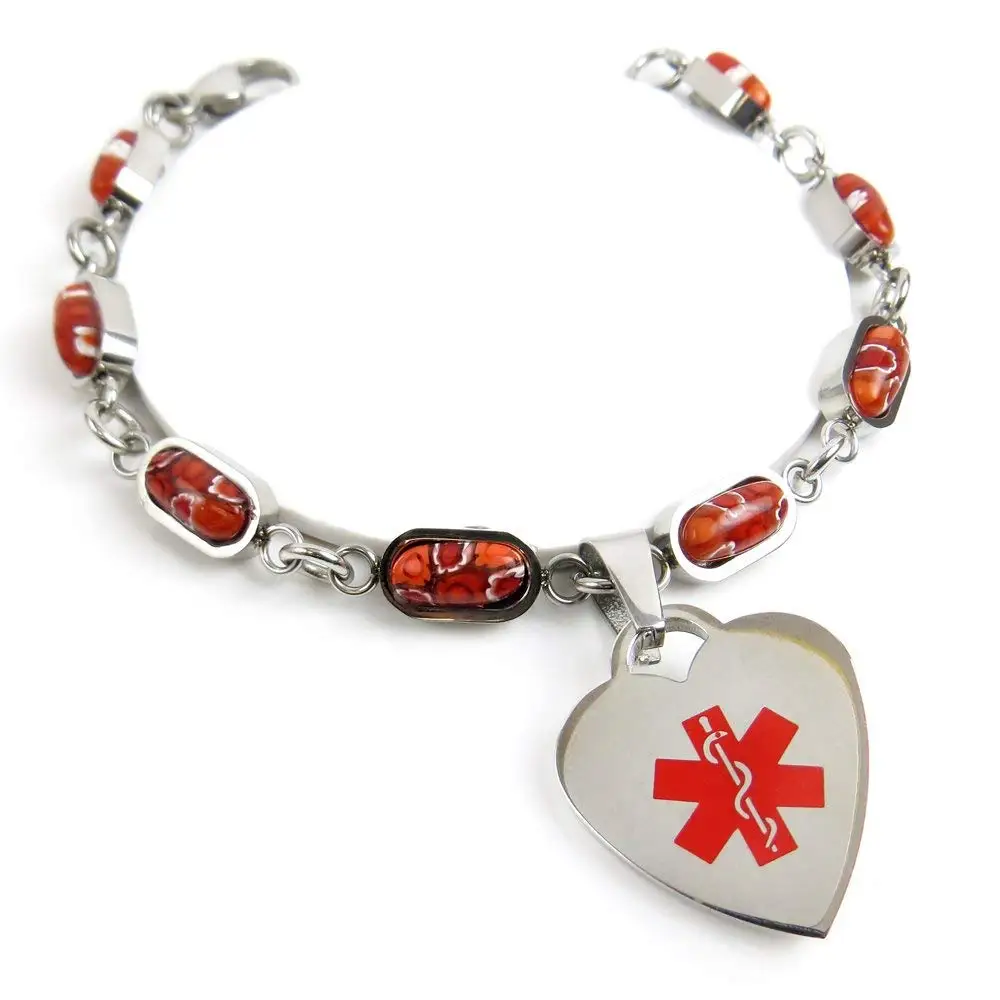Pre-Engraved /& Customized Celiac Disease Charm Medical Bracelet Red Millefiori Glass My Identity Doctor