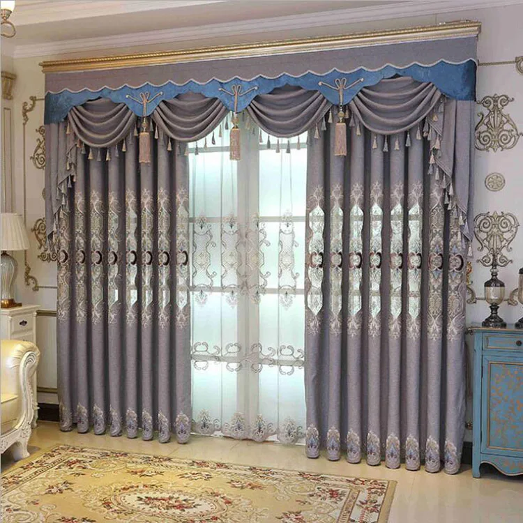 Thick Embroidered Valance Curtain Living Room Luxury European Style Blackout Window Curtains With Attached Grey Thick Embroidered Valance Curtain Living Room Luxury European Style Blackout Window Curtains With Attached Grey