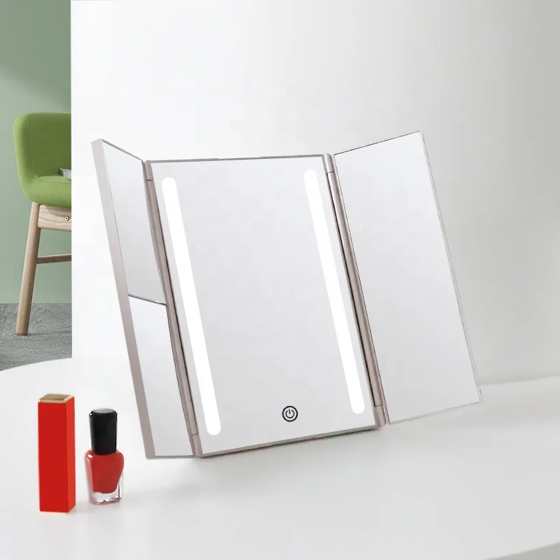 Large Trifold Travel Foldable Mirror Led Lighted Vanity And Makeup Mirror Led Light Portable
