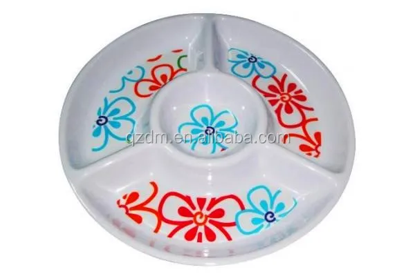 Round Shape Melamine 4 Section Tray Plastic 4 Compartment Tray