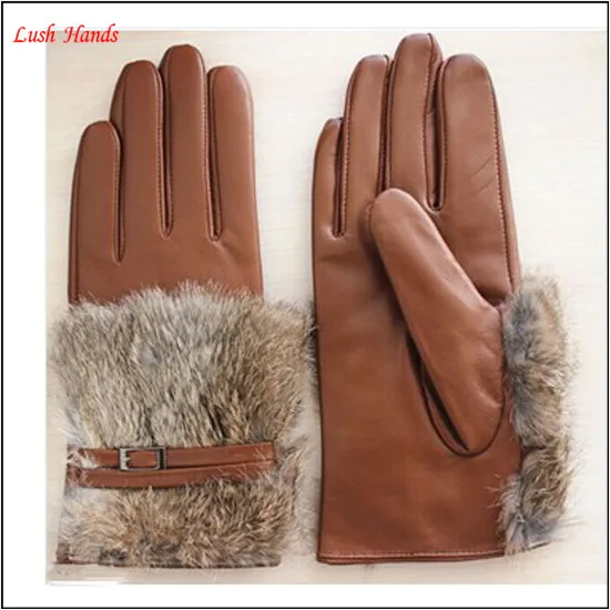 ladies sheepskin leather rabbit fur glove belt fashion lady leather gloves