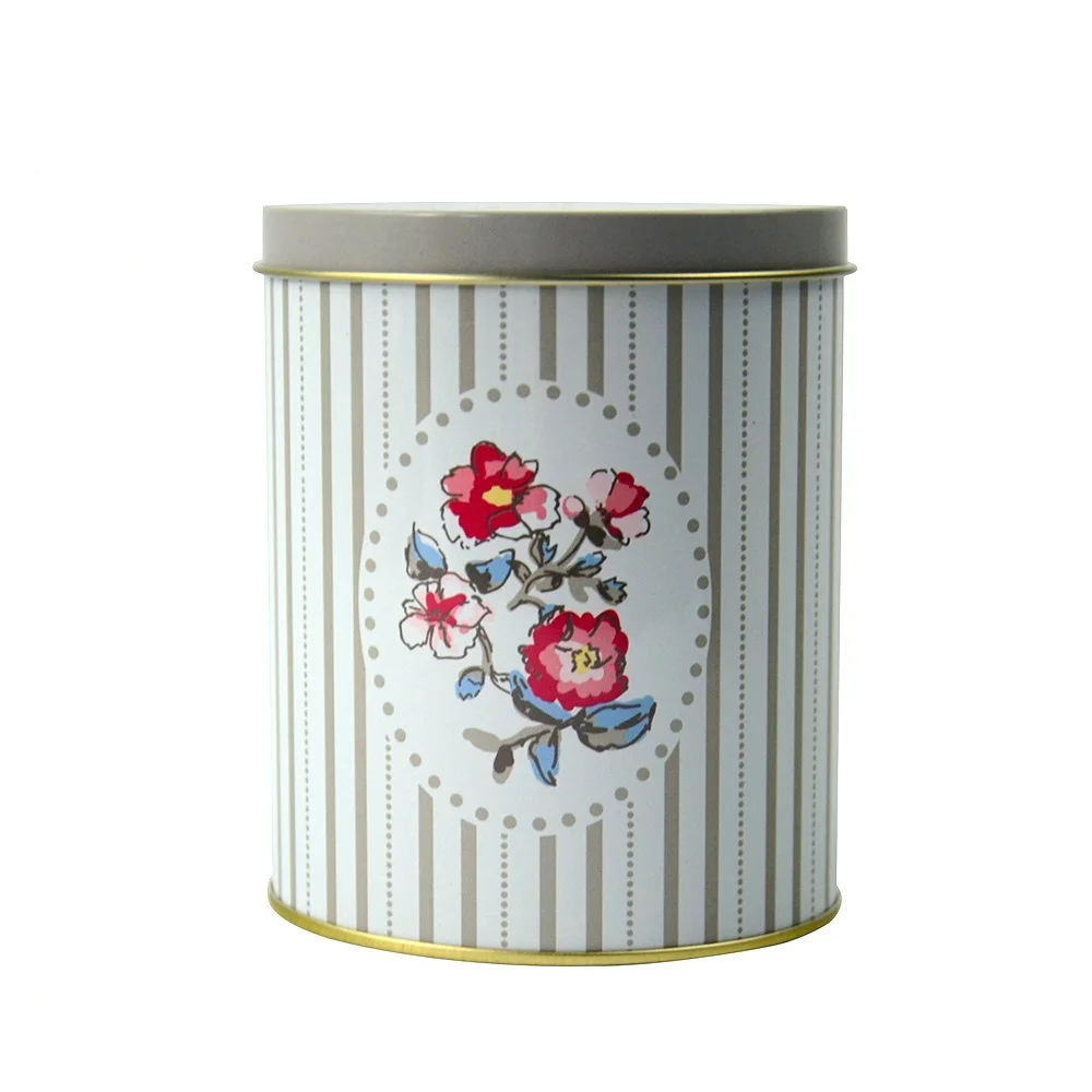Floral pattern round cylinder can tin with easy open screw lid elegant luxury tea packing storage box