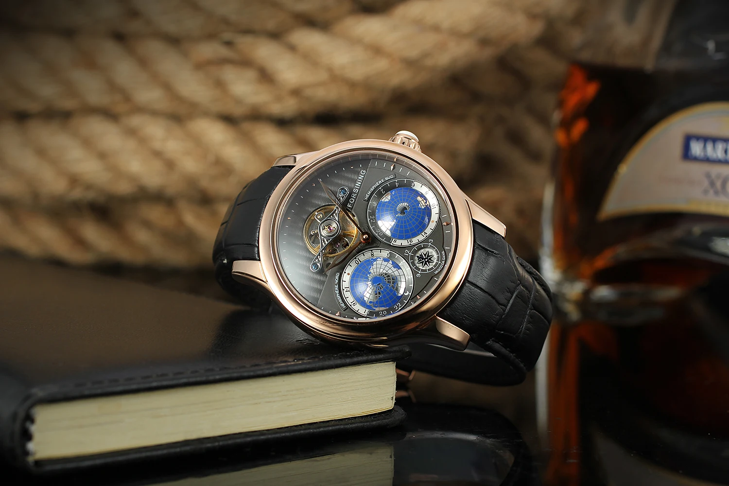 forlining 热卖 specail 地球图案自动陀飞轮不锈钢男士手表