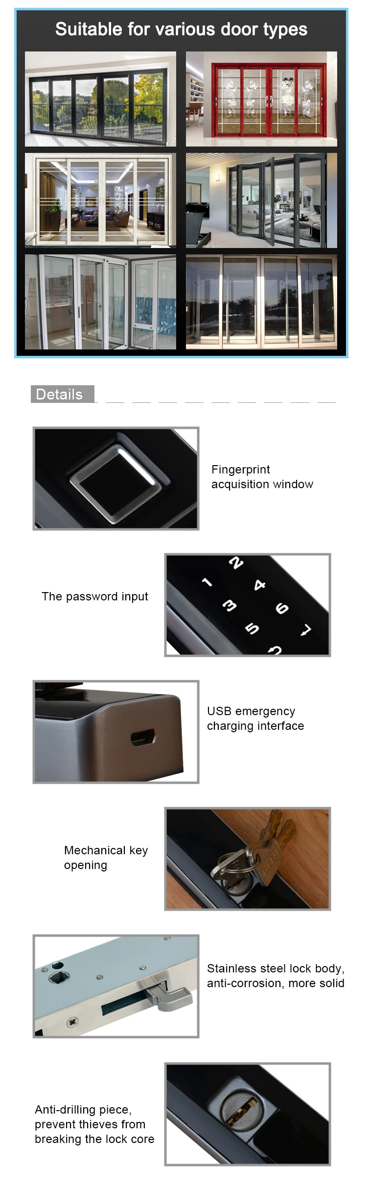 Deli DL001 Aluminium Alloy Intelligent Biometric Fingerprint Smart door lock Smartphone Tuya Smart WiFi APP for Aluminium Doors