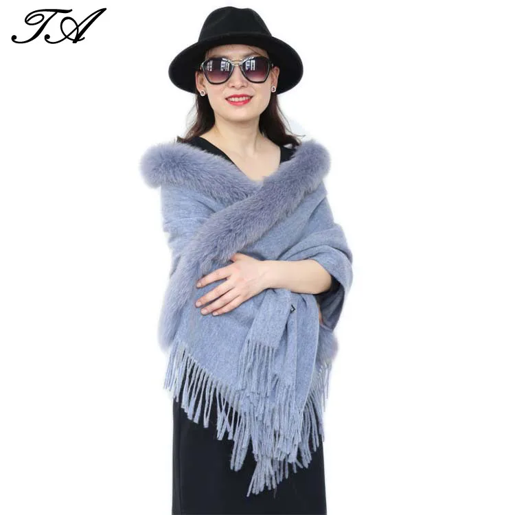 
Lady Plain Fox Fur Trim Tassel Wool Yarn Dyed Woven Long Big Shawl Stole Wrap 