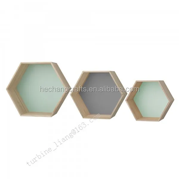 Modern Wooden Wall Mounted Hanging Hexagon Box Hanging Display Shelf