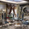 Royal antique baroque style glass top wooden rectangular dining table set with 8 chairs and two bases