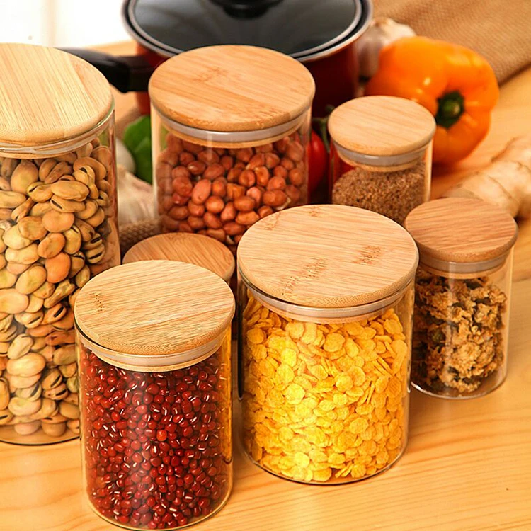 ChasingUtopianGoods Spice Jars Airtight Bamboo with Square Glass Lids Set  of 6