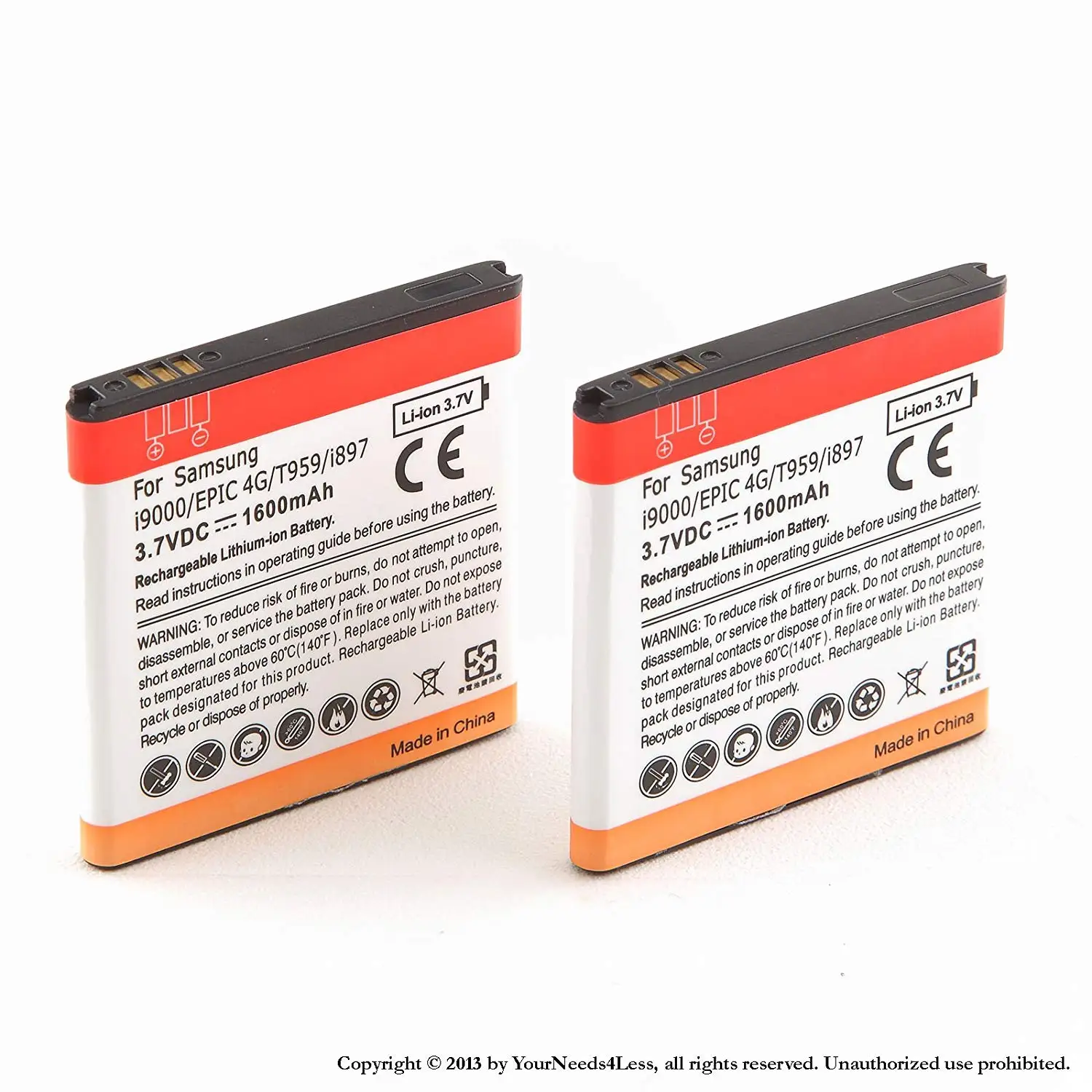 YN4L 2 X 1600mAh Replacement Batteries for Samsung Galaxy S i9000 ; Captivate i897 ; Vibrant T959 ; Epic 4G