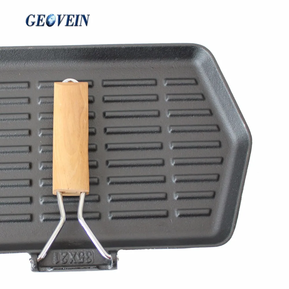 Japanese Korean Home 13.6 Inch Cast Iron Griddle Pan With Wooden Handle