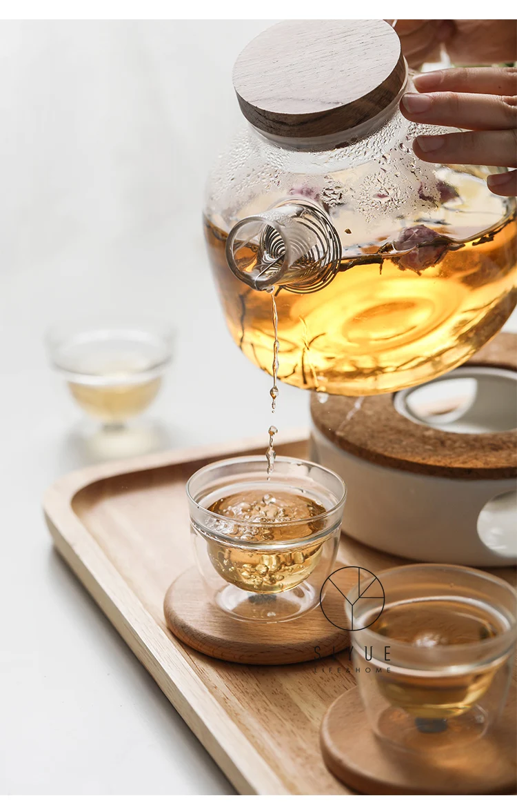 Japanese Style Multifunctional Borosilicate Teapot With Cups Wooden Lid