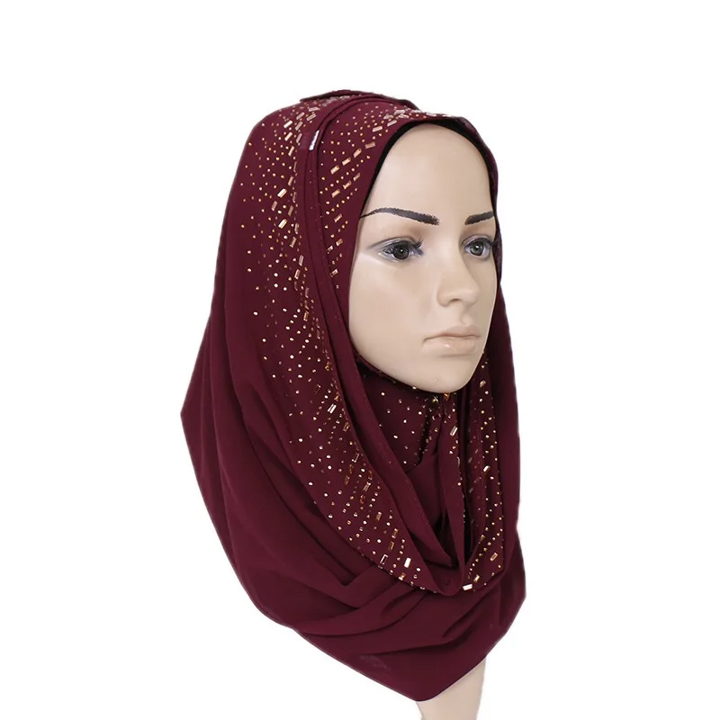 2019 New Rhinestone Pearl Chiffon Muslim Women's Headband Solid Color Malaysian Hijab Scarf