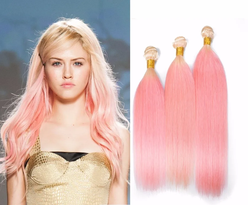 Sutra Lurus Rambut Manusia Bundel Ombre Emas Light Pink Hair