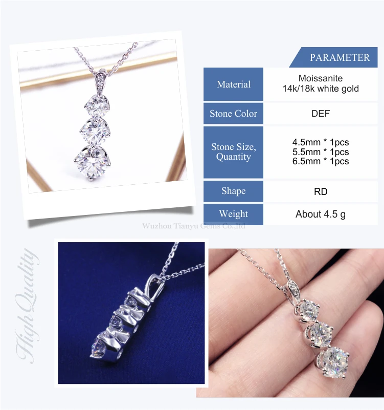 Tianyu gems 14k 18k white gold 3 pieces moissanite diamond chain necklace pendant