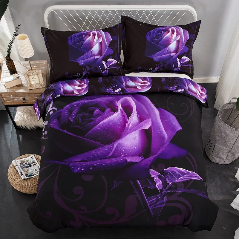 Purple Rose 3pcs 4pcs Bed Sheet Set 100 Polyester Magic Black