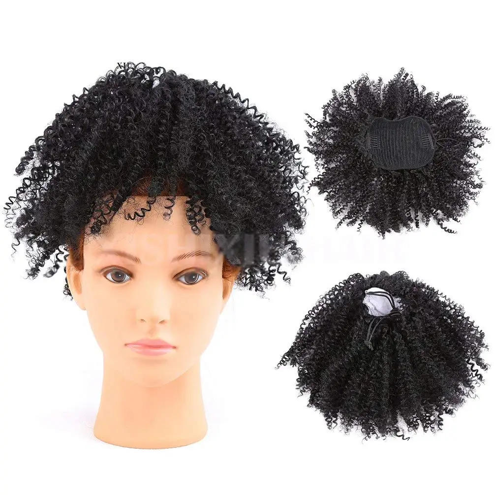 Synthetic Hair Afro Puff Ponytail Extensions For Black Women Kinky Curly Drawstring Hair Ponytail Hairpieces Natural Kinky Curly Clip in Ponytails (Black)