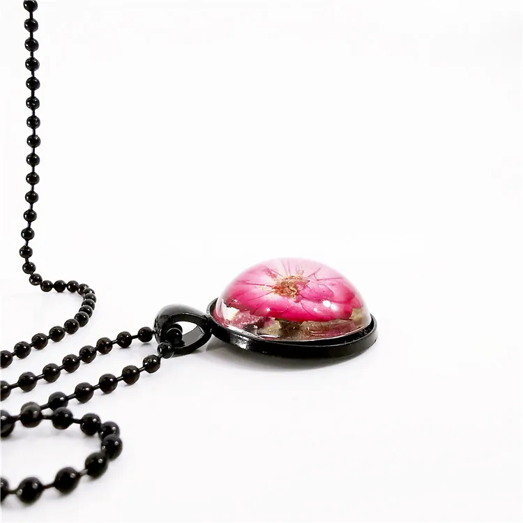 Fashion Natural Real Dried Flower Women Resin Cross Glass Pendant Chain Necklace