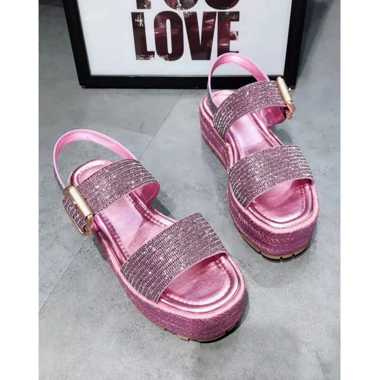 Leather Gladiator Ladies Sandals Sparkling Sequined Buckle Strap Hemp Rope Platform Waterproof 