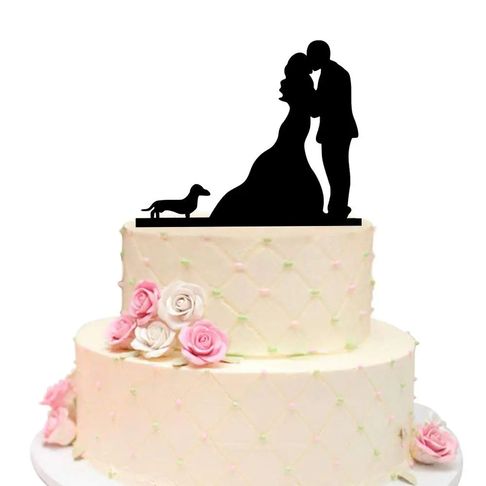 Acrylic Silhouette Engagement Wedding Cake Topper Bride Groom Dog