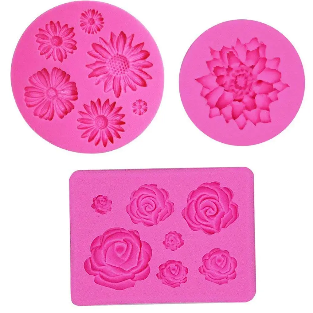 3Pcs Silicone Fondant Molds, Rose Daisy Lotus Candy Mold Floral Cake Sugar Craft Mold Cake Candy Making Mold Cake Baking Tools Chocolate Cake DIY Maker Cupcake Topper Decorating Clay Soap Molds