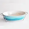 Oval Shape Buffet Server, Solid Color Ceramic Plate with Metal Holder