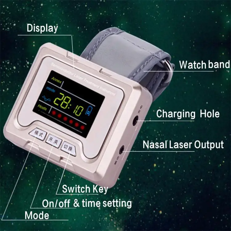 China new painless no drug no side effect physical wrist watch 6 lasers lllt 650nm laser treatment apparatus