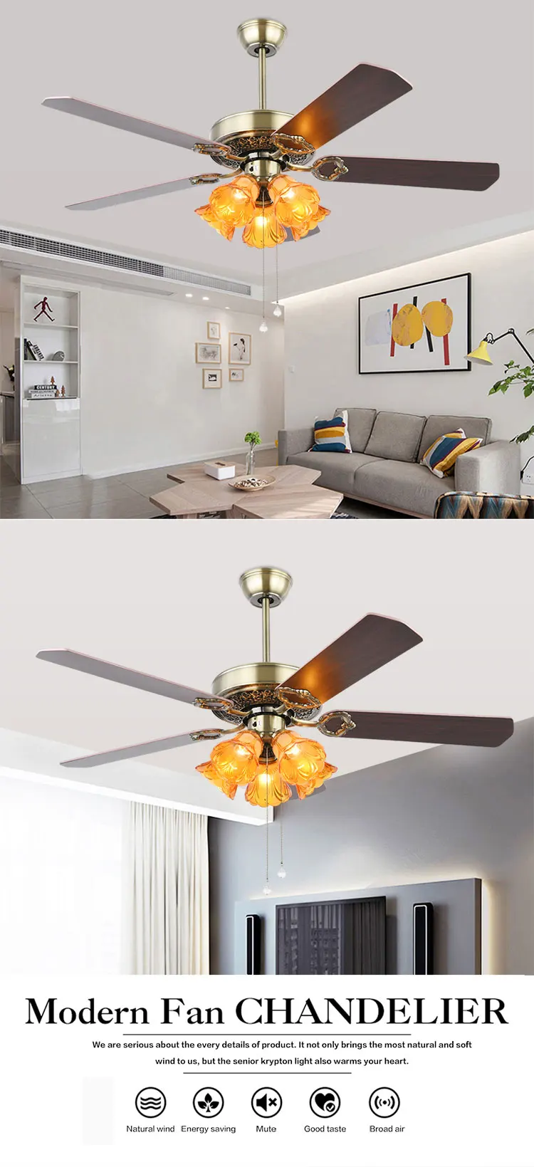 2018 52 inch fashion decorative 5 plywood blades ceiling fan with five lights