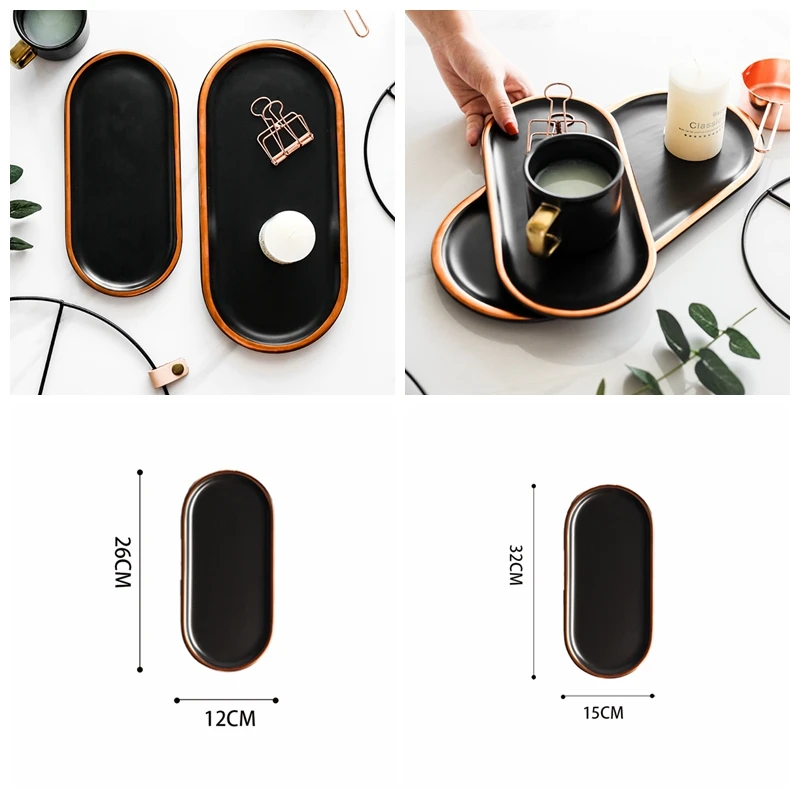 European style dinnerware ceramic black rectangle dinner plate restaurant plate with gold rim