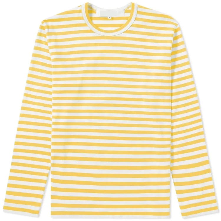 Men Custom Printed Long Sleeve 100 Cotton Yellow White Striped T Shirt