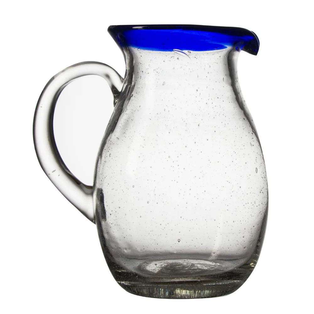 Hand Blown Water Glass Jug Carafe Pitcher With Blue Rim Buy Glass