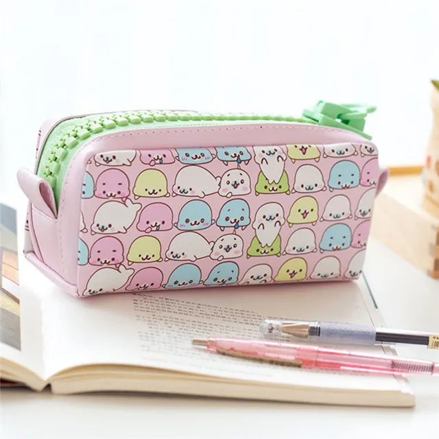 Kids Cute Big Zipper Pencil Case Pu Large Capacity Storage Organizer ...