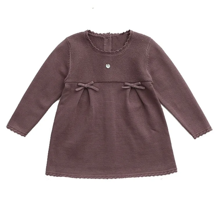 Manufacturer Custom Cute Long Sleeve Bow Baby Girls Knitted Autumn Sweater Dress Girls Dresses