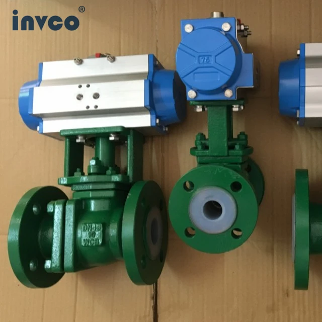 INVCO Fluorine lined ball valve with pneumatic actutor ,fluorine ball valve with flange end